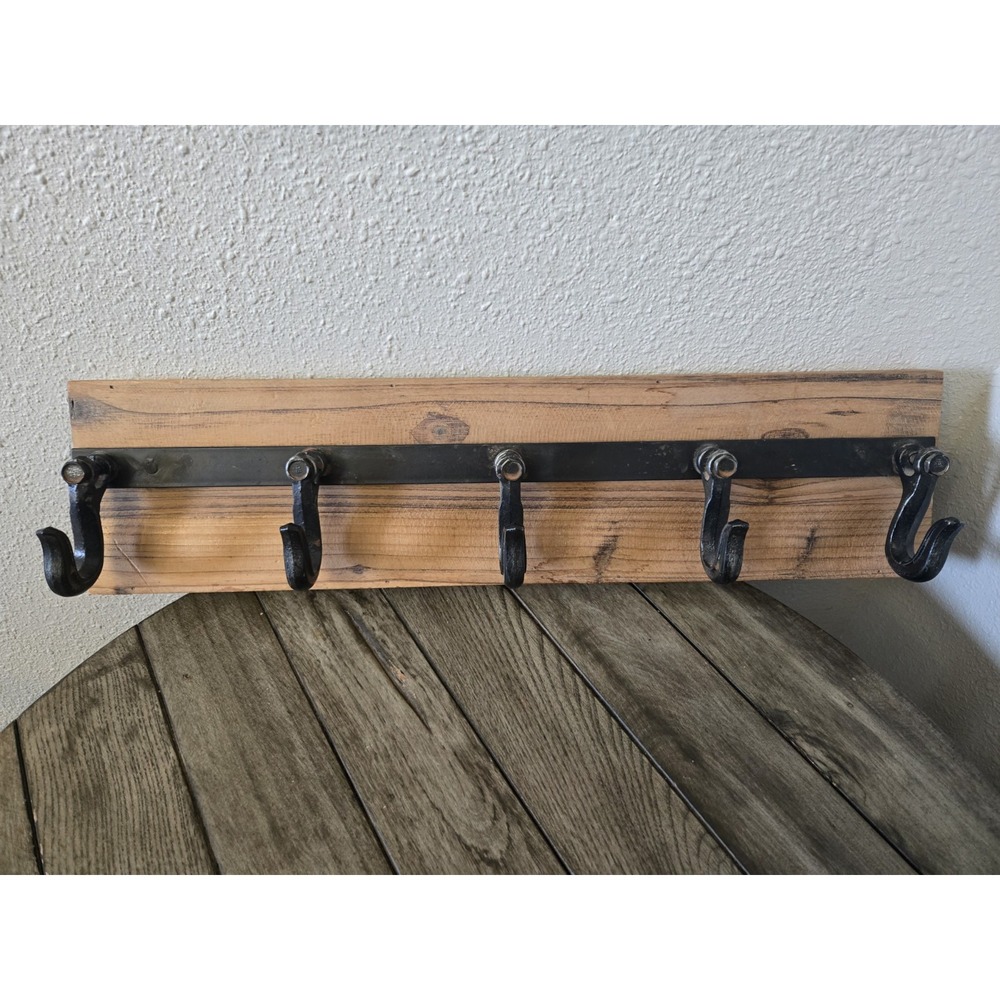Rustic Farmhouse Wood 5 Hanger Wall Hook with Industrial Black Metal Hardware